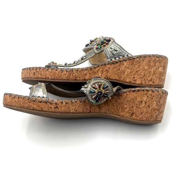 John Fashion Silver Embroidered Beaded Floral Boho Cork Wedge Sandals Size 8 - Picture 9 of 11